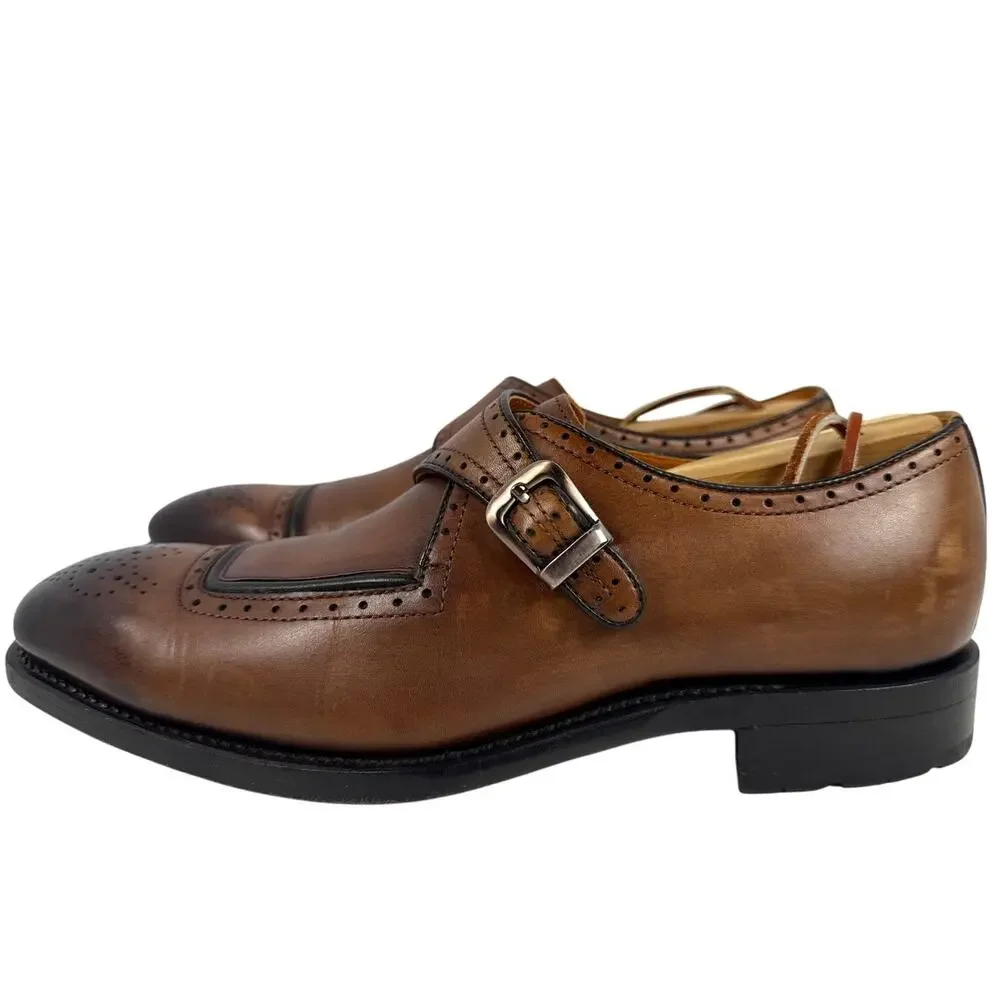 Speroni Monk Strap Dress Shoes Mens 7 7.5‎ Italian Cognac Leather Brogue Cap Toe